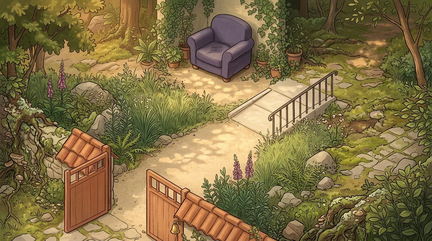 A wide gravel path with a low stone ramp leads through the garden, without a step anywhere, to the chair