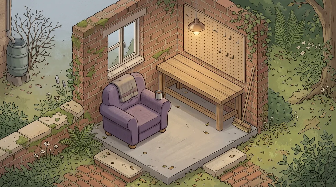 A lavender armchair in a bare workshop at first light, with a swept floor and a single lamp lit