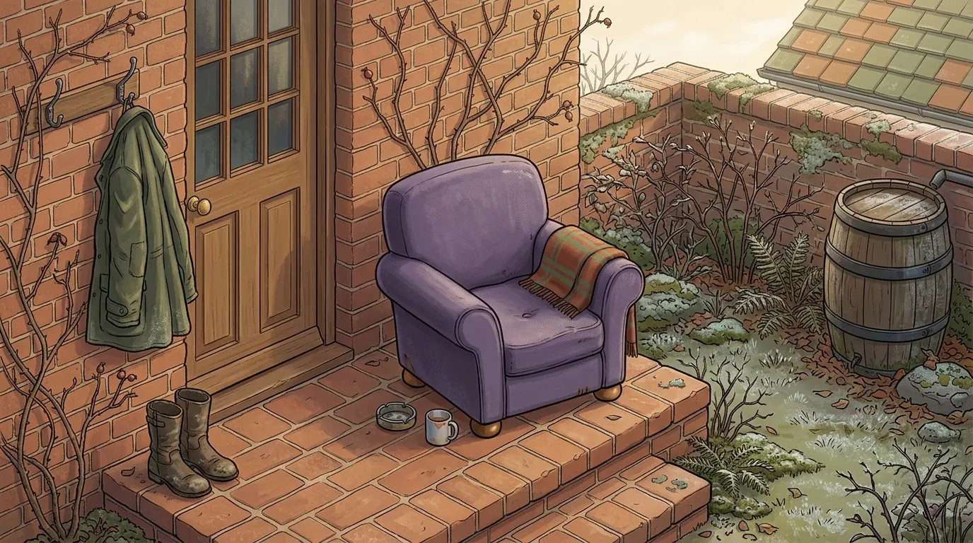 A lavender armchair on a back step beside an empty ashtray and a cold mug