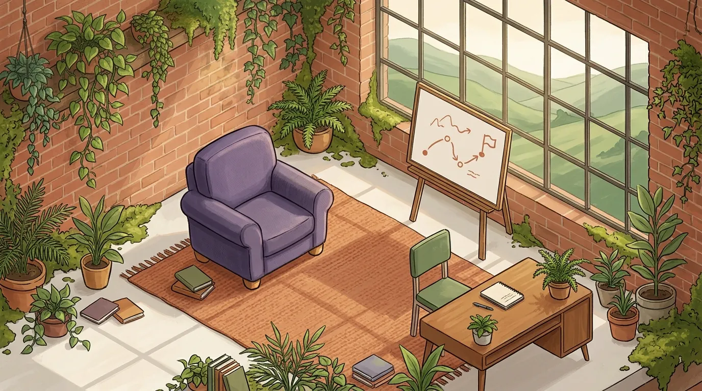 A loft studio with a whiteboard sketch of a route and a window onto open hills