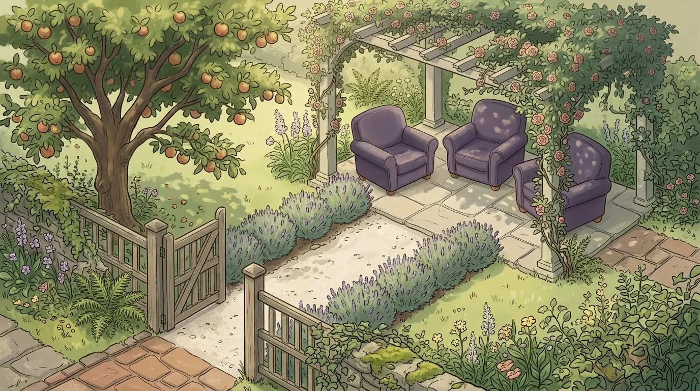 The pergola seen from its garden gate, the path through it open