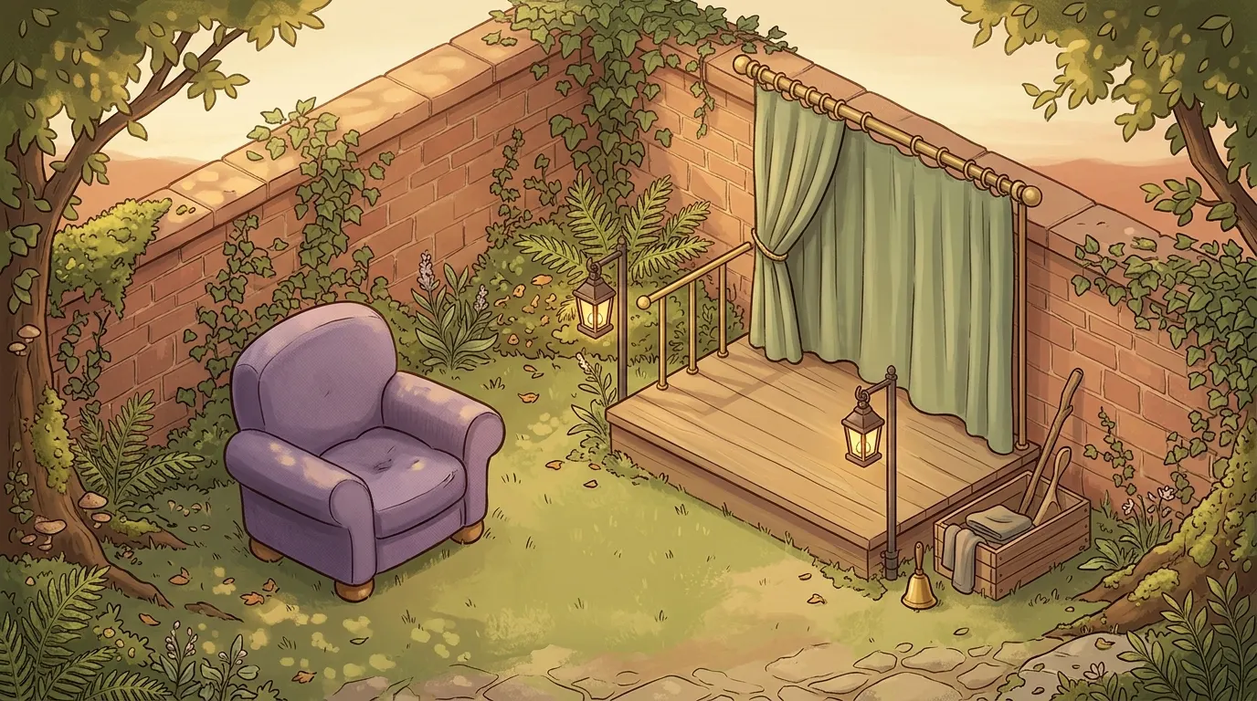 A low wooden stage at the end of a walled garden, its sage green curtain drawn back