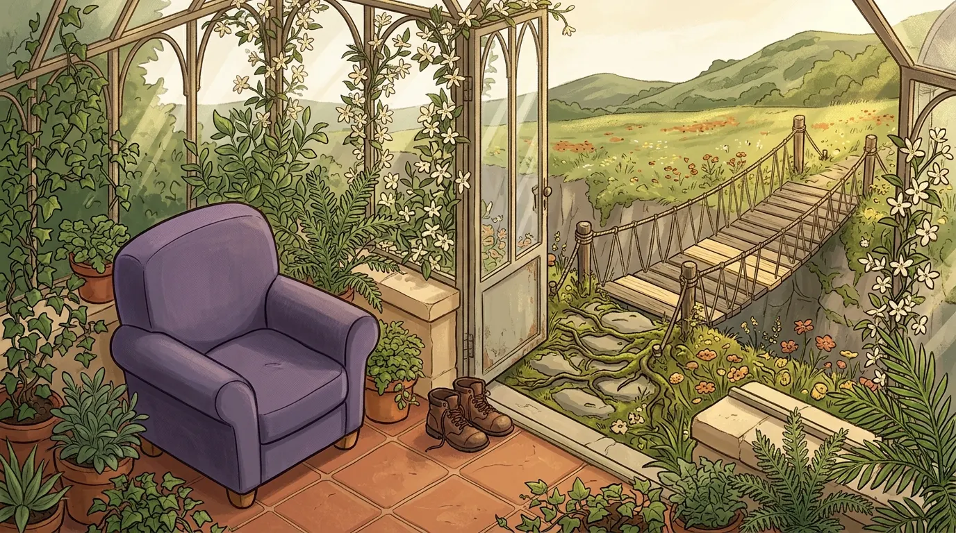 The rope bridge seen from the conservatory, its planks repaired and the far side in reach