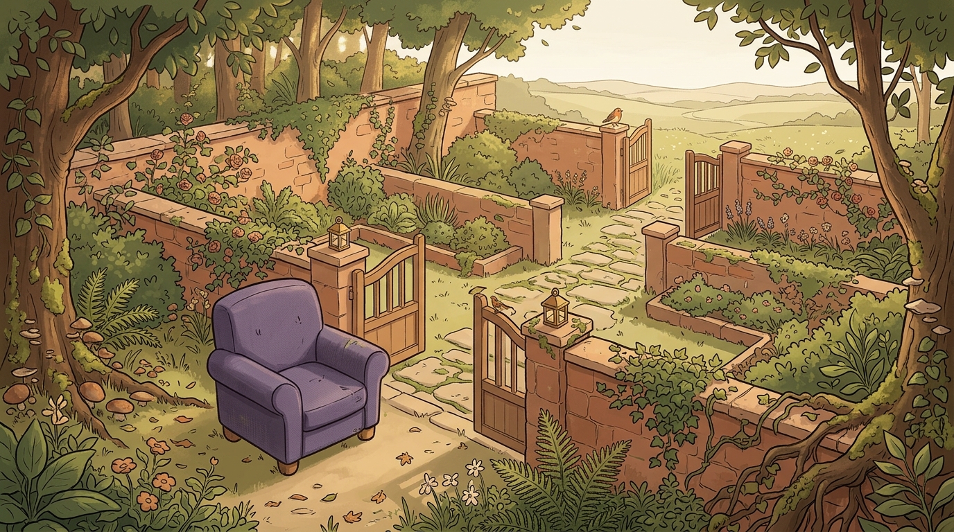 A path through a garden leading toward an open gate
