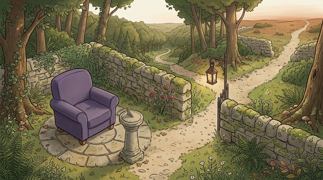 A walled garden with a sundial, and beyond the wall a path that divides in two