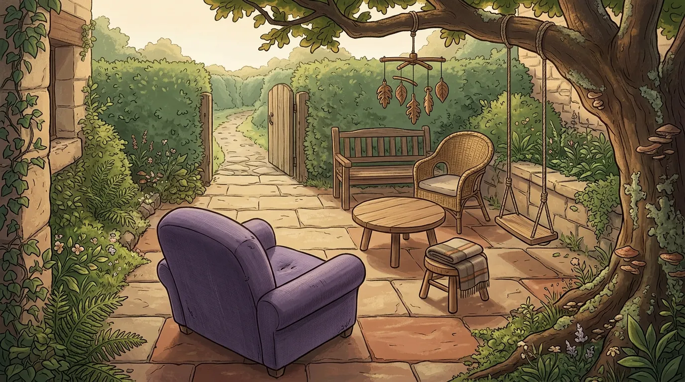 The same terrace seen from behind the lavender armchair, the seats drawn closer and the mobile hanging still
