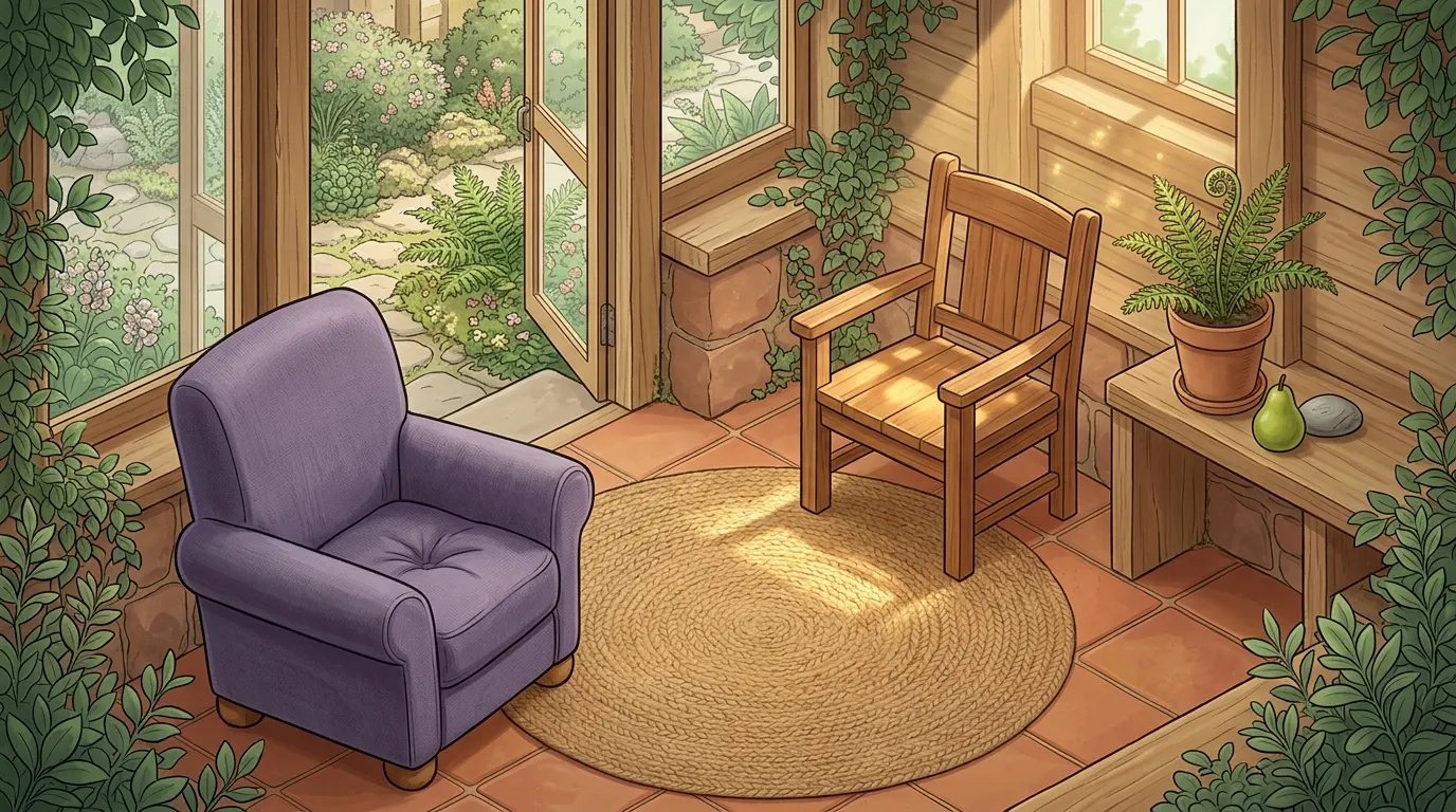 The empty wooden chair seen from the armchair, a patch of sunlight resting on its seat