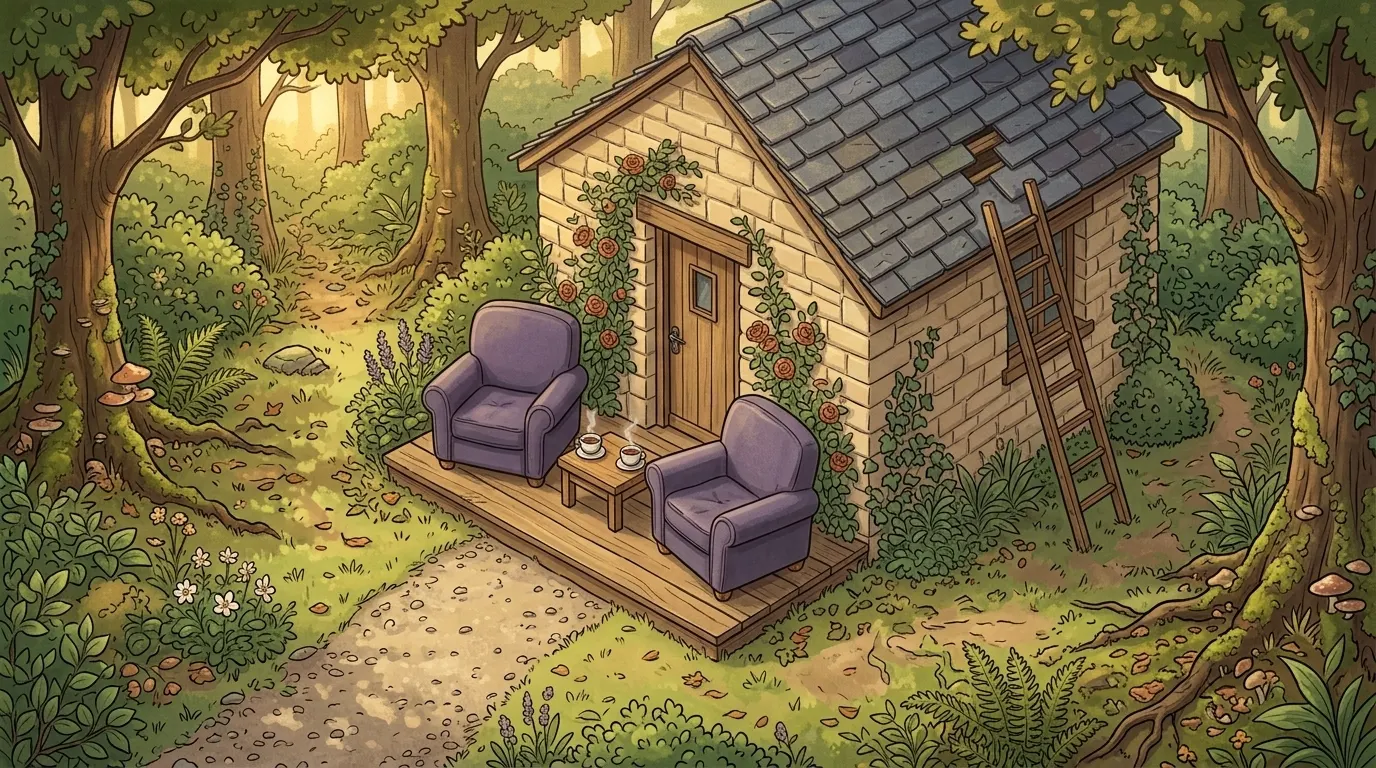 A small stone garden house with a sturdy roof, two lavender armchairs on its porch