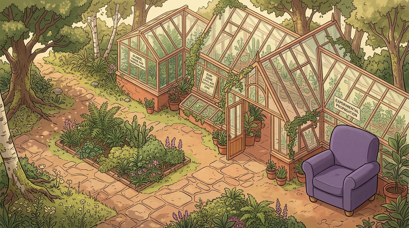 A greenhouse with many different growing zones