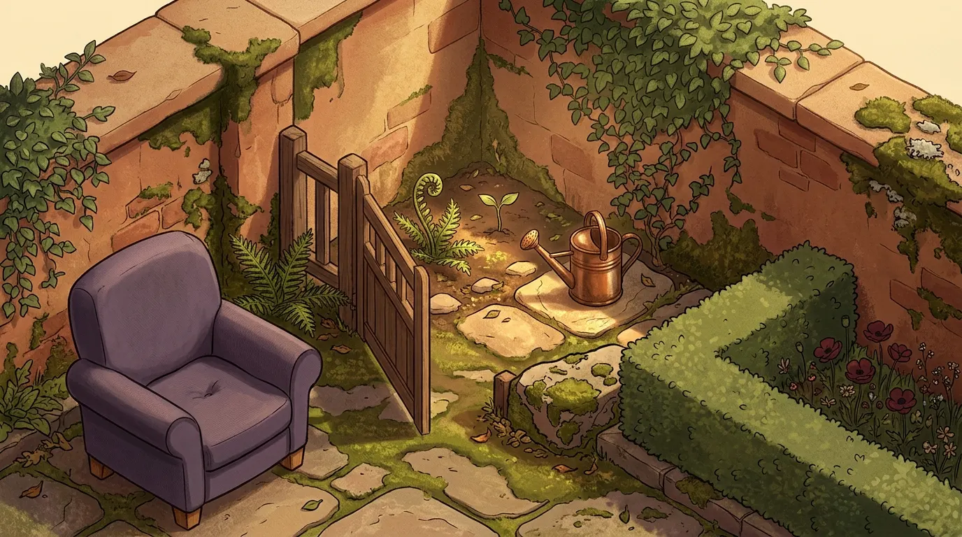 The gate to the shaded corner of the courtyard stands open, with light now falling on a small fern