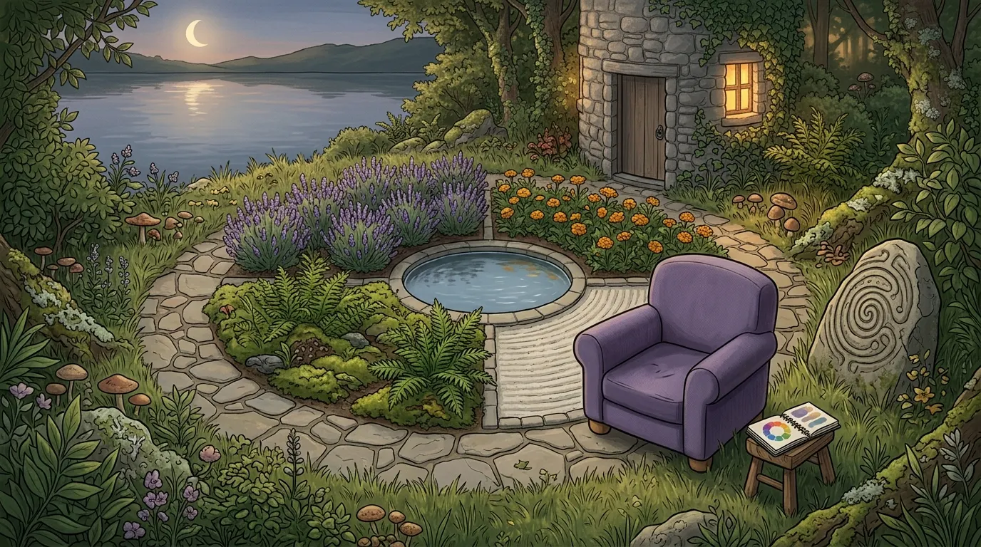 A round garden laid out in four quarters around a still pool, beside an old stone tower by a lake at dusk