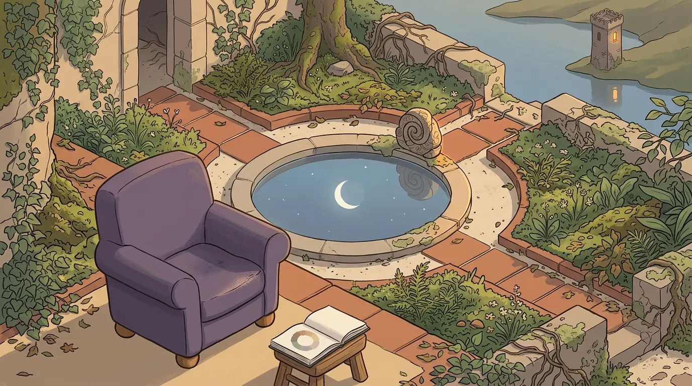 The view from the armchair over the round pool, where the rising moon is reflected beside a carved spiral stone