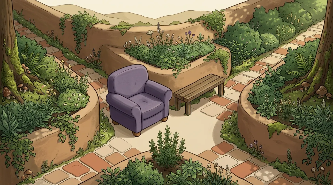 A garden path forking in two around a young shrub, with a bench set at the fork