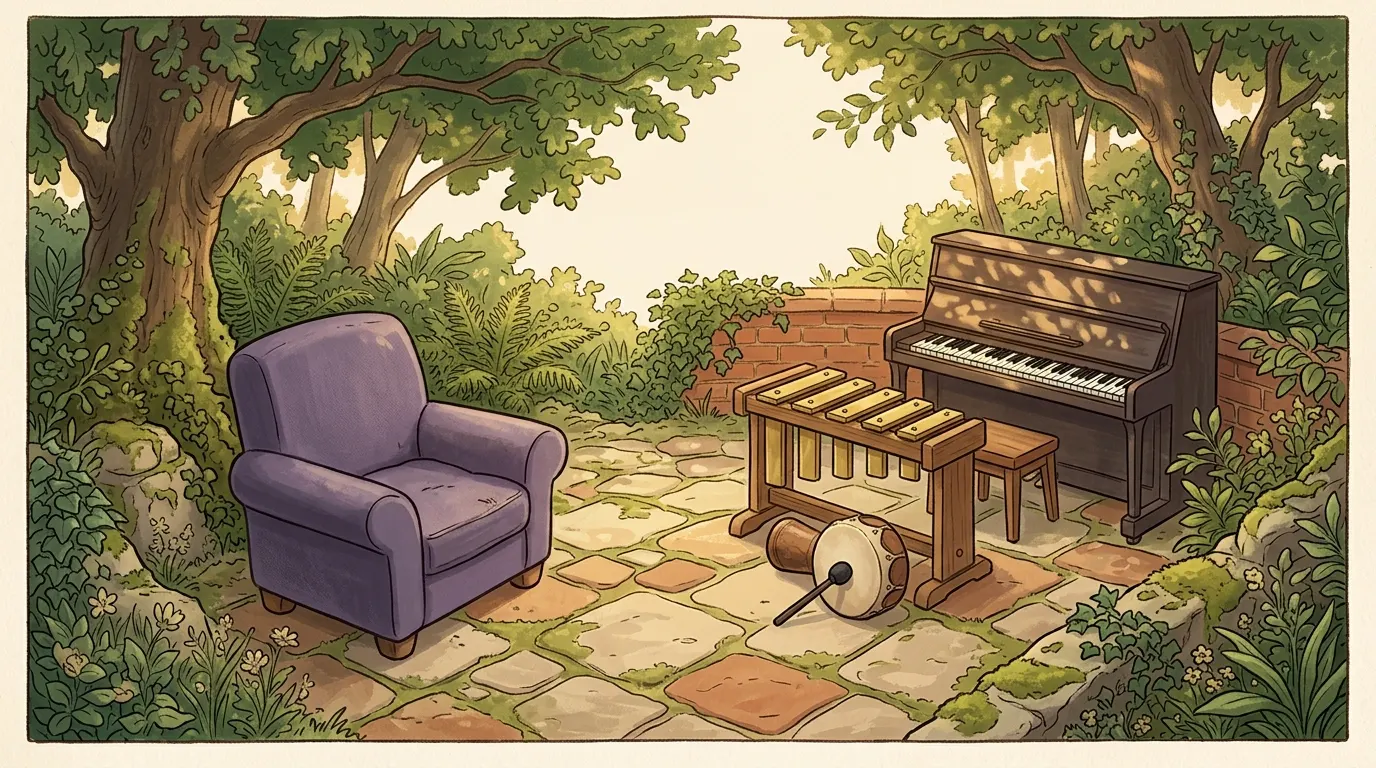 The chime bars and drum seen from the armchair, a stool drawn up on the far side of the frame