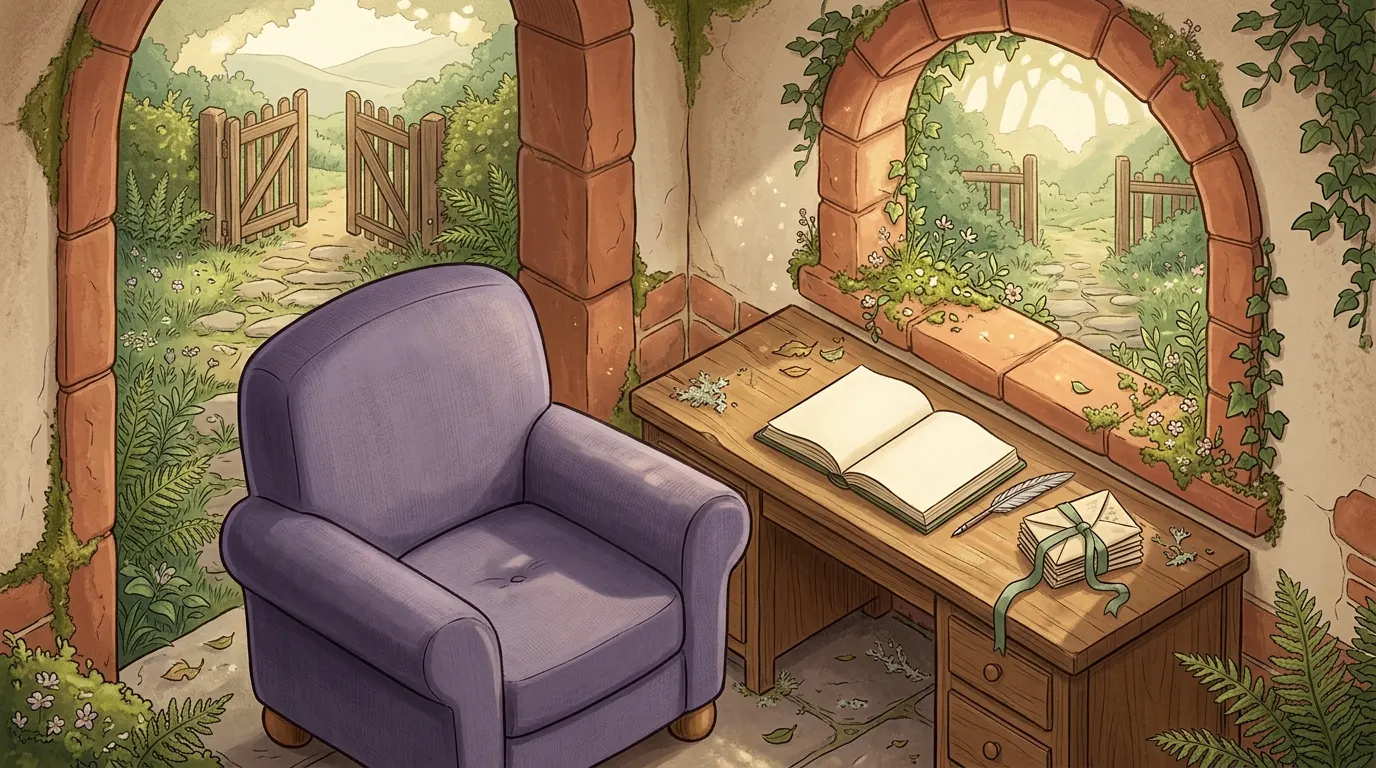 The open blank book seen from the armchair, and a garden path leading to an open gate