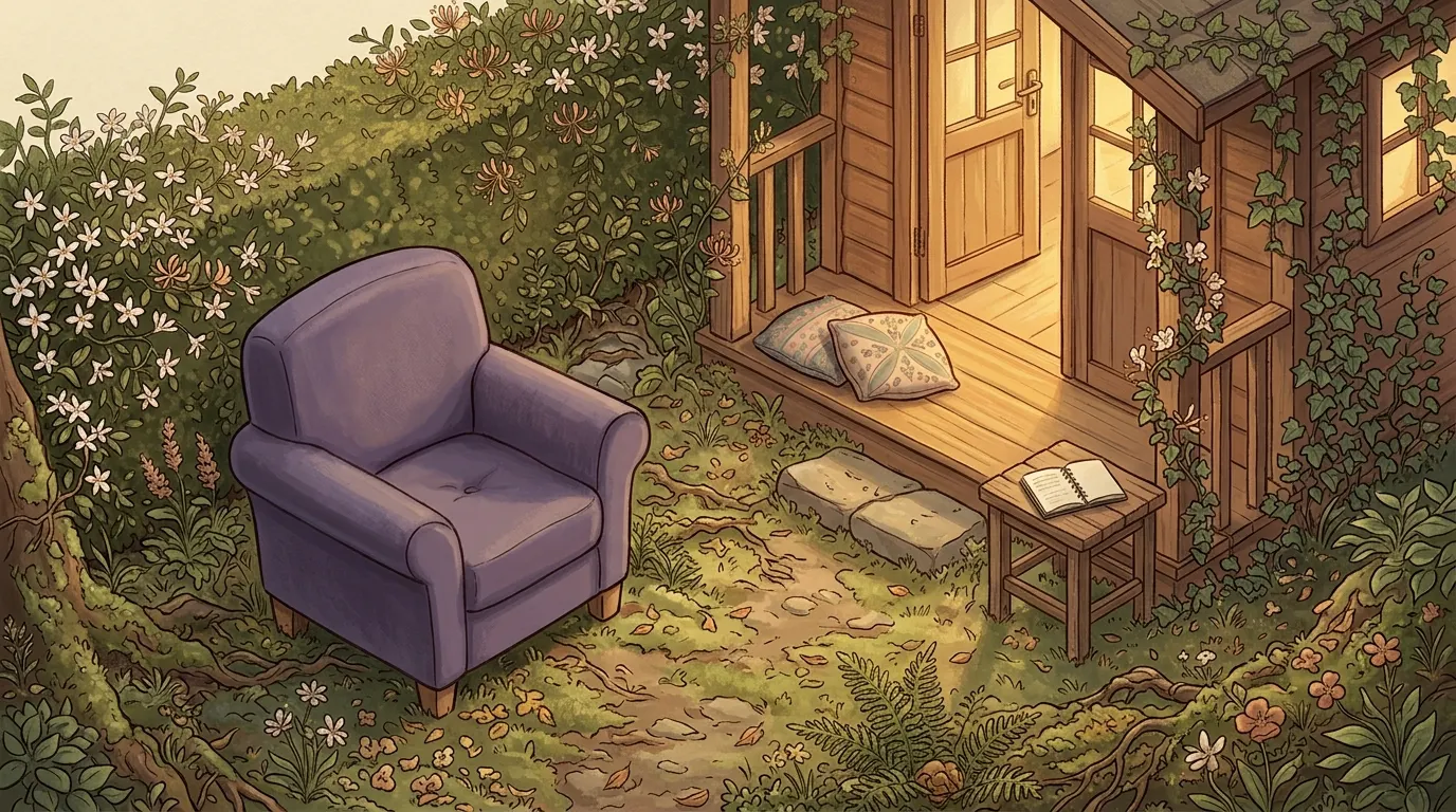 The summer house seen from the armchair, its door a little open and lamplight on the step