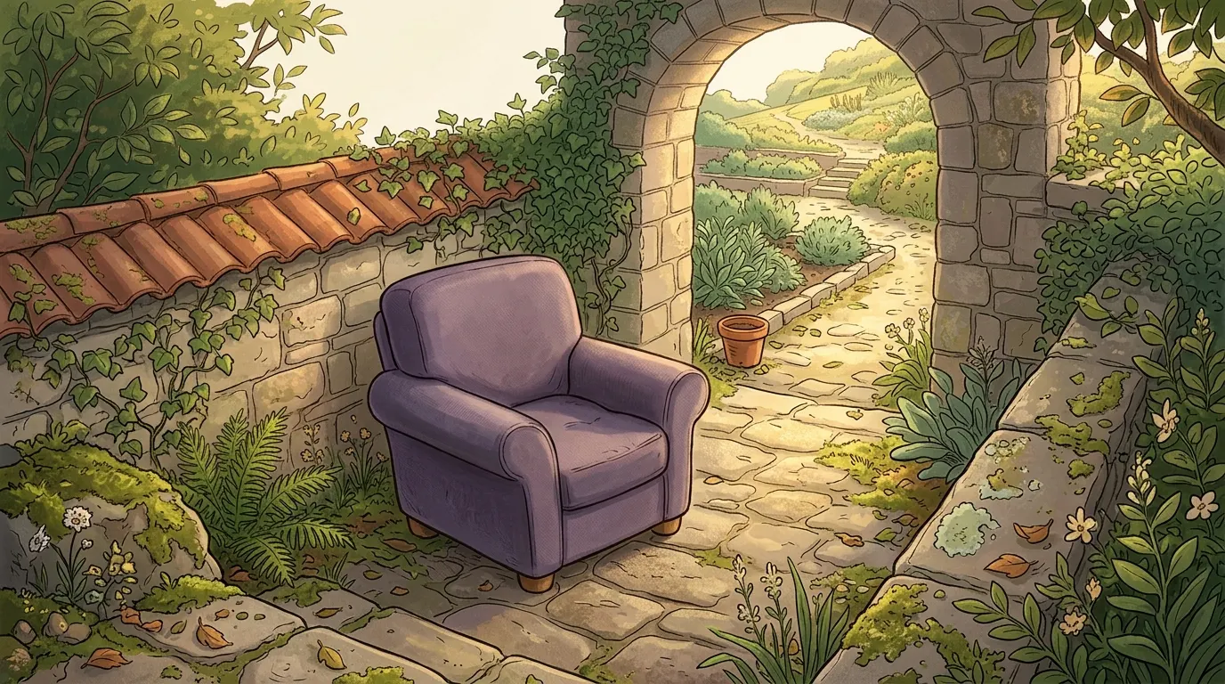 An archway in a garden wall with a stone path continuing into the hills beyond