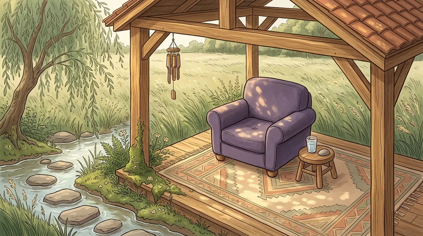 An open garden pavilion beside a meadow, with a woven rug and a smooth stone beside the chair