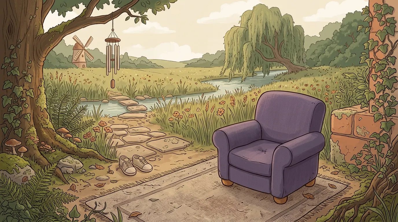 The meadow seen from the chair, the grasses standing still after the breeze has passed