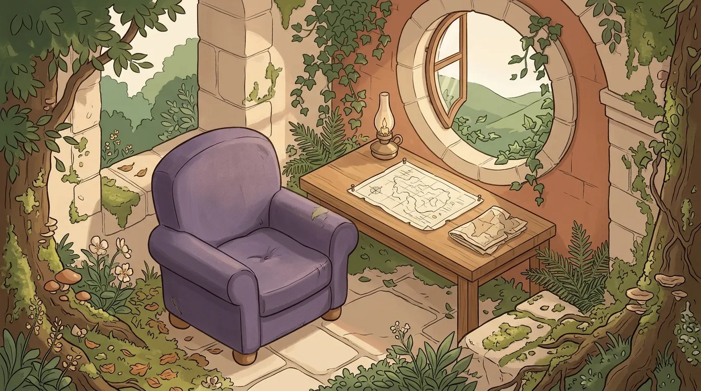 The desk seen from the chair, with the redrawn map finished and the window open
