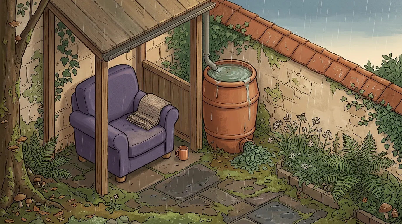 A garden water butt overflowing in slow rain, its outlet pipe blocked with leaves