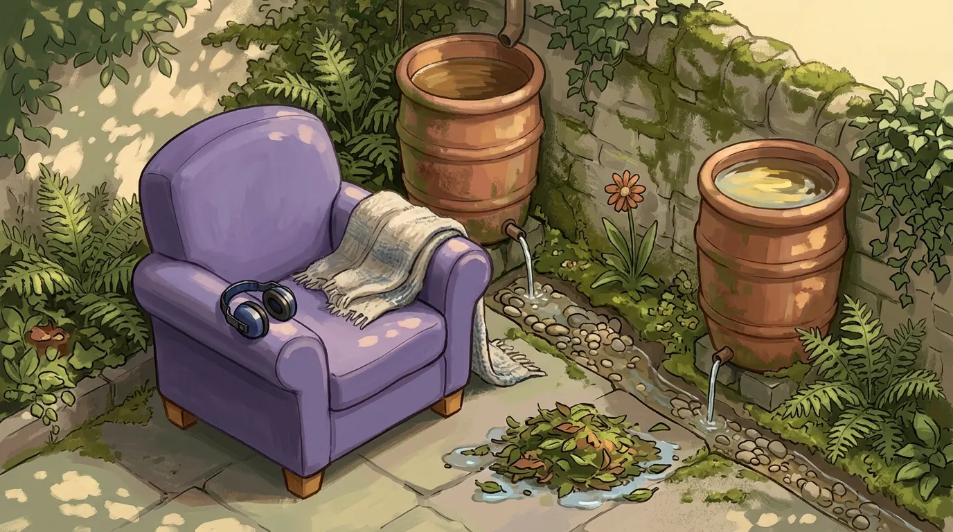 The same water butts running clear, the leaves cleared from the outlet and headphones on a lavender armchair