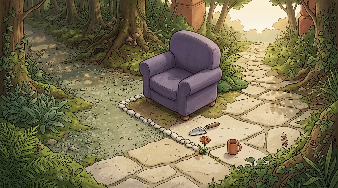 A lavender armchair where a gravel path and a stone path run apart, a line of pebbles between them