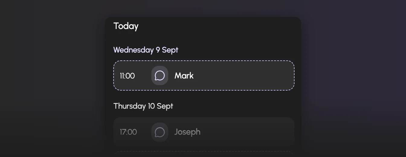 A practitioner's agenda for the week, with each client's first name and time.