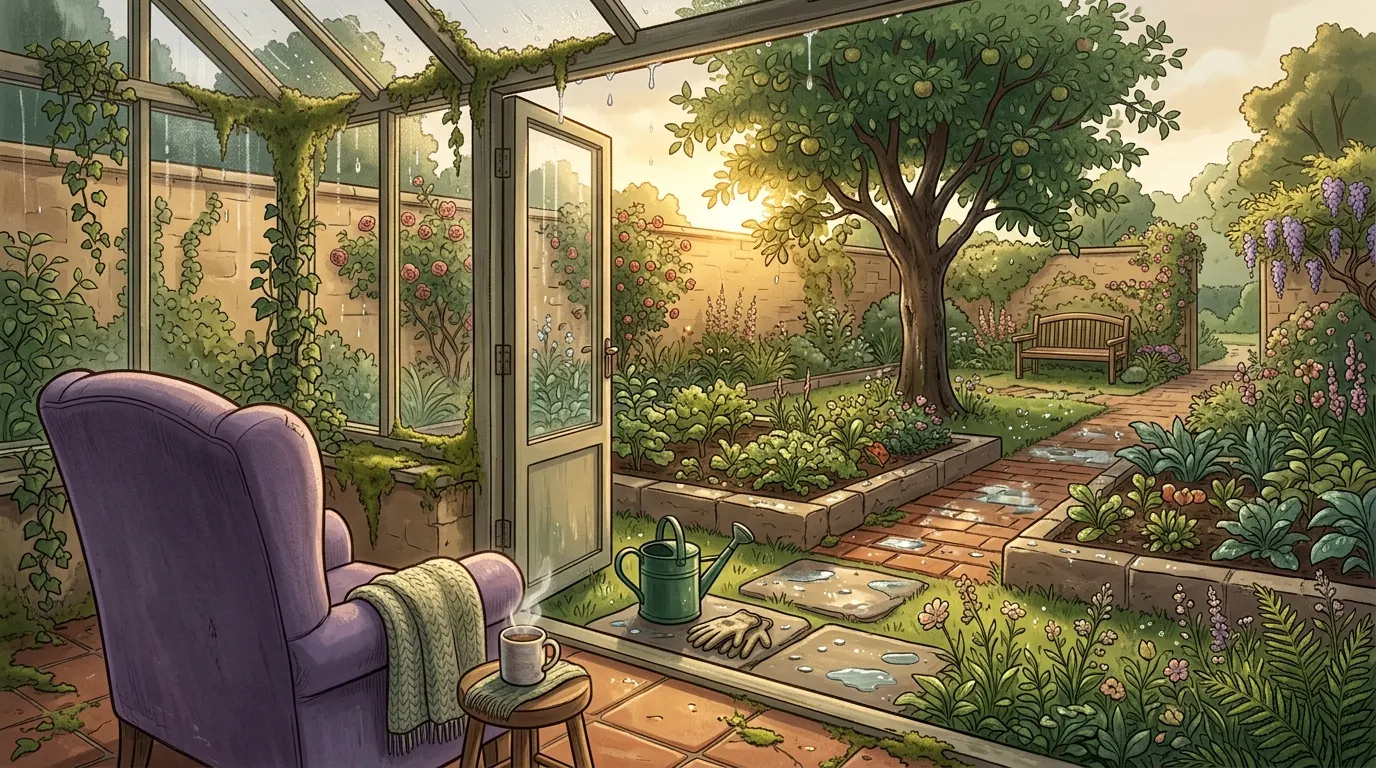 The view from inside the glasshouse, the rain easing and low sun on the wet paths