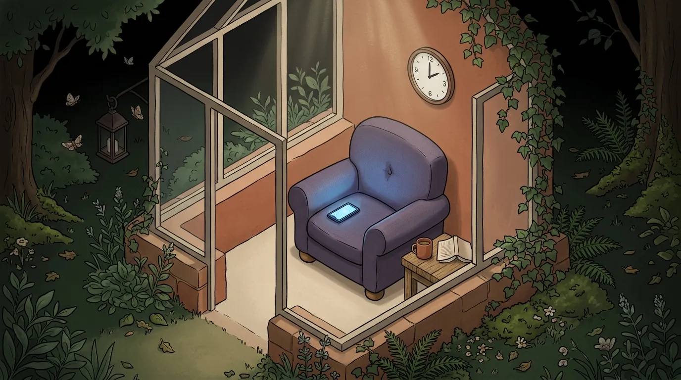 A lavender armchair in a small glass garden room late at night, lit by the blue glow of a phone left on its seat