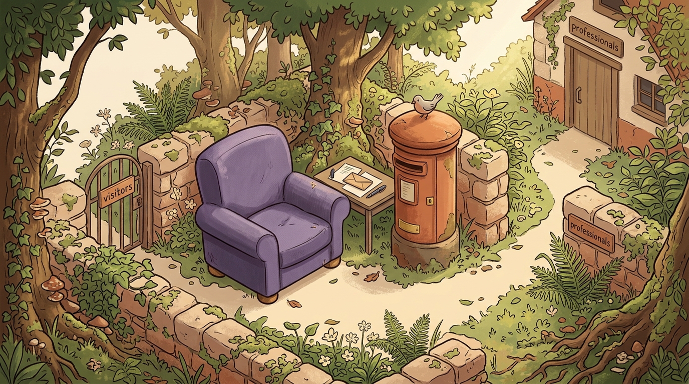 A postbox beside the chair in a peaceful garden setting