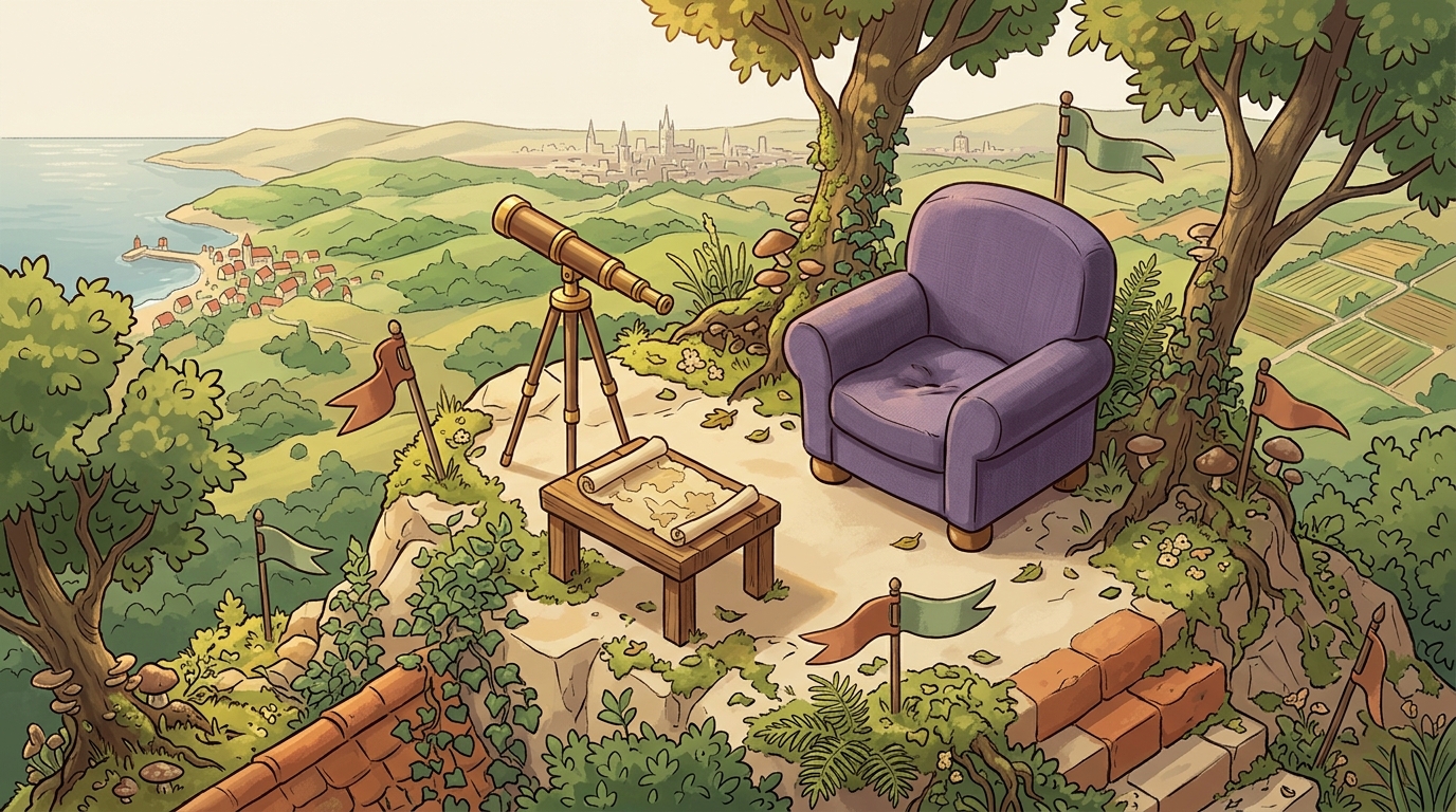 A hilltop with views across a European landscape