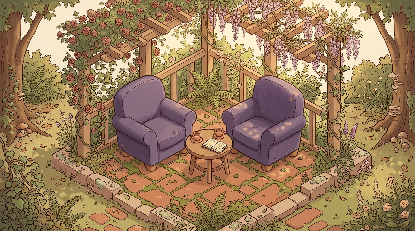 Two chairs facing each other in a sheltered garden bower