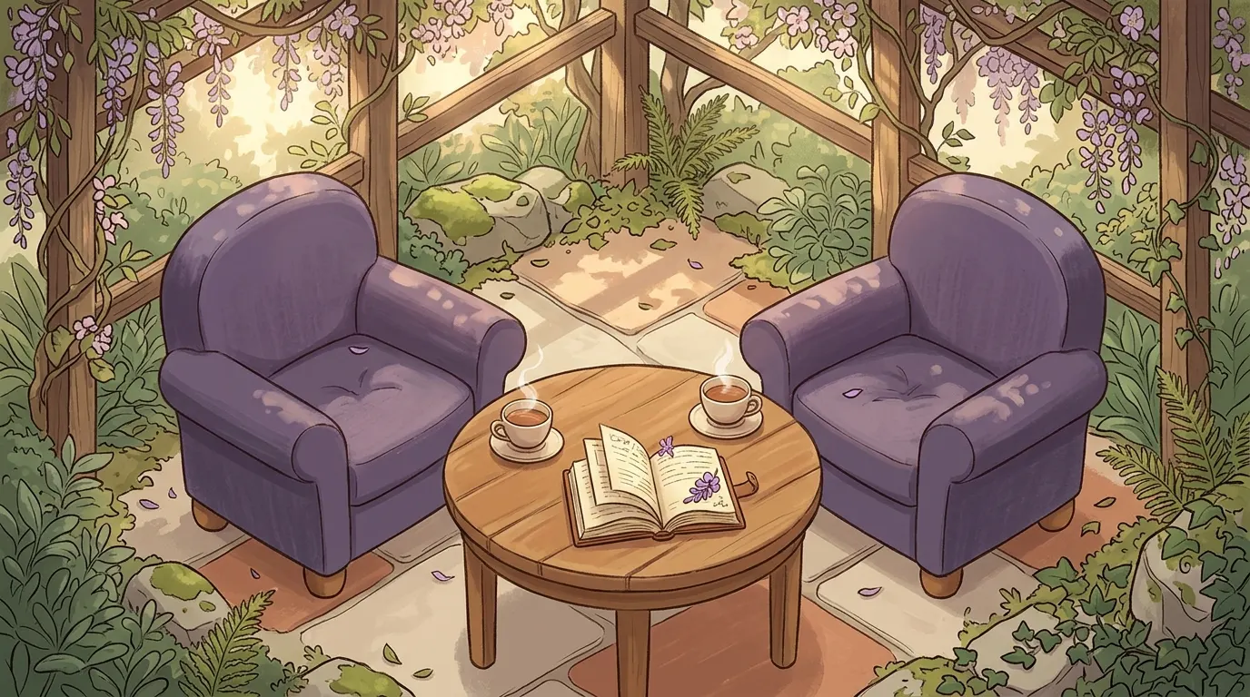 A shared journal open on a table between two full cups of tea