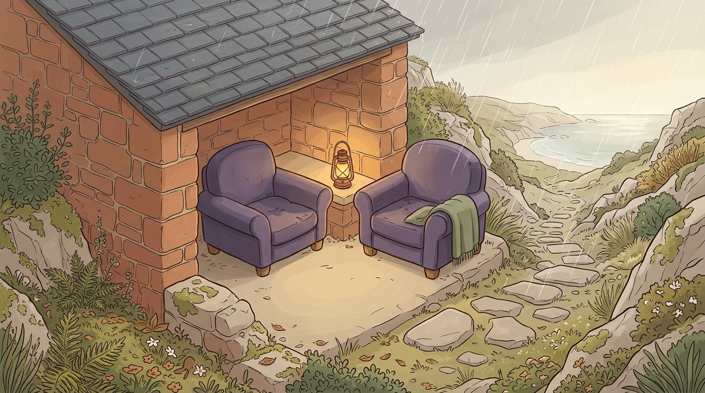 A sturdy stone shelter offering safety on a windswept hillside