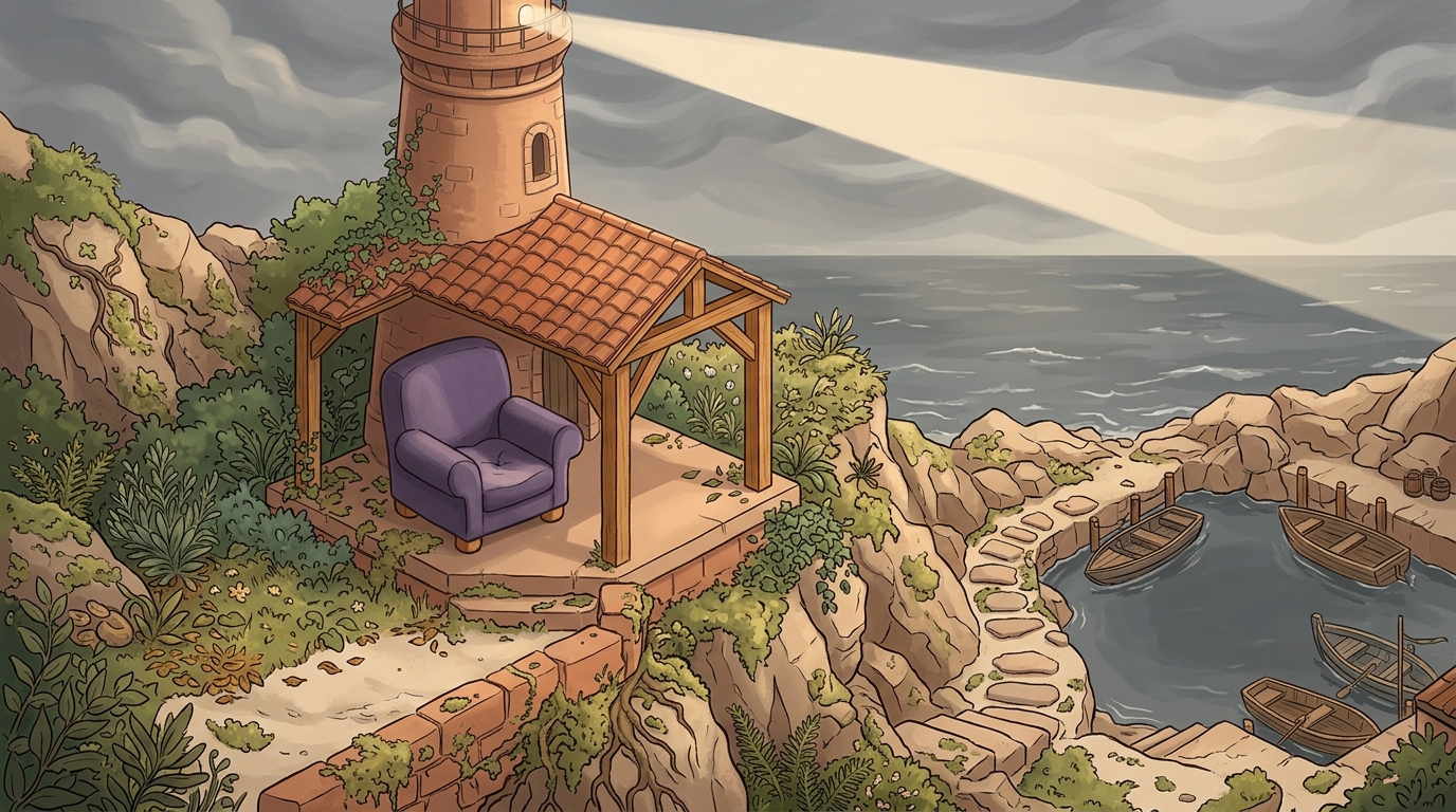 A lighthouse on a rocky coast with a safe harbour below