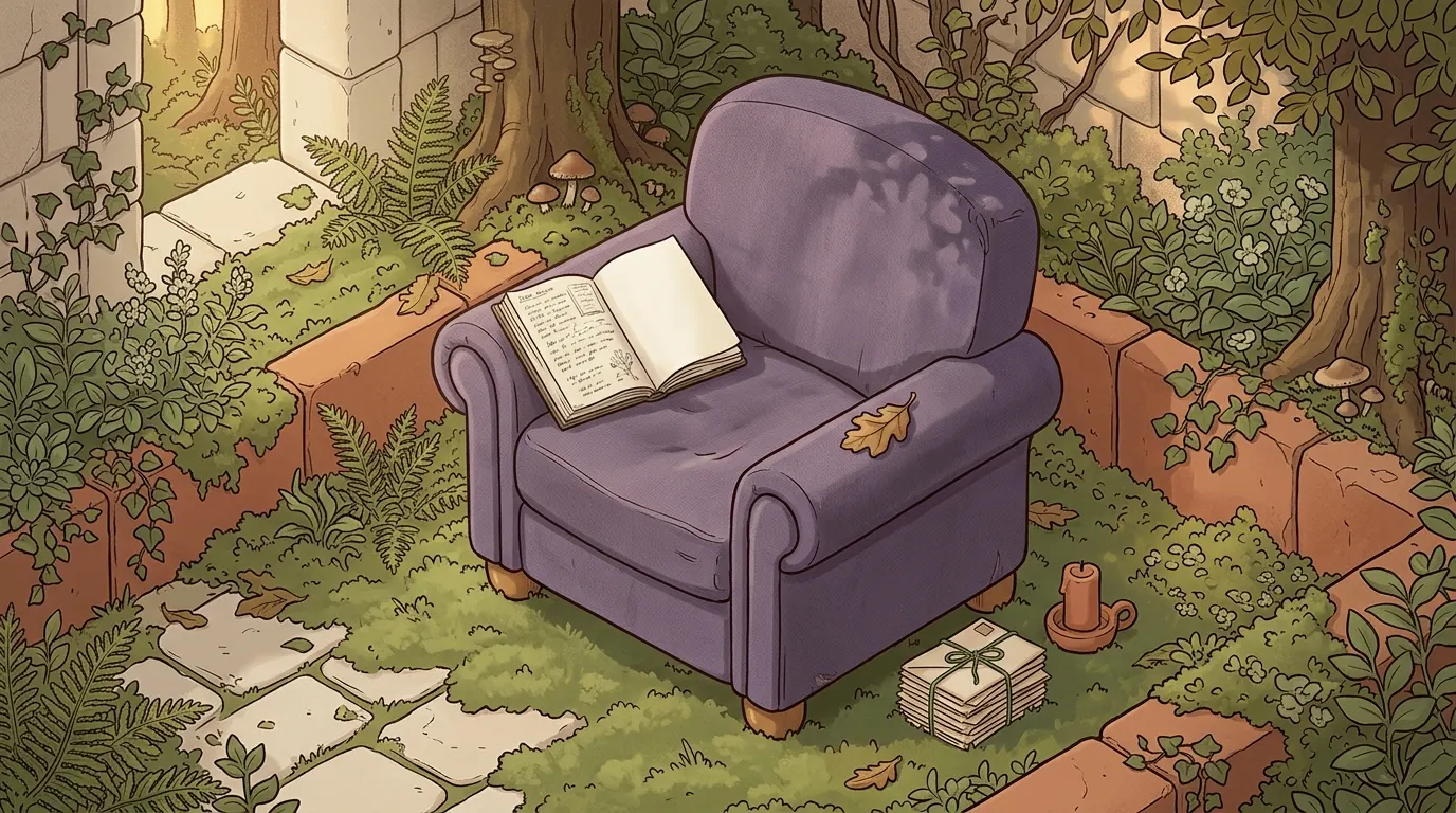 An open journal on the armchair with one page written and the next left blank