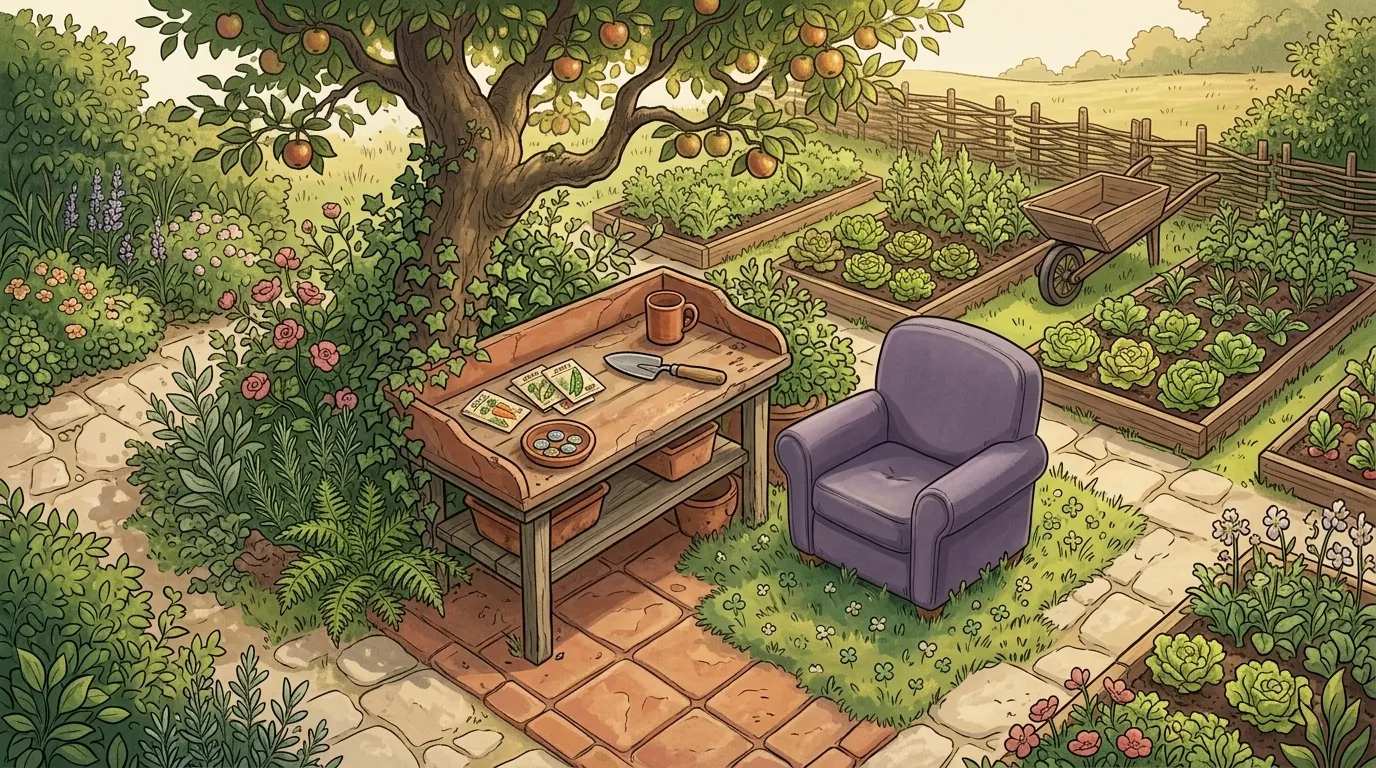 A garden potting bench with a few coins in a terracotta dish and a lavender armchair beside it under an apple tree