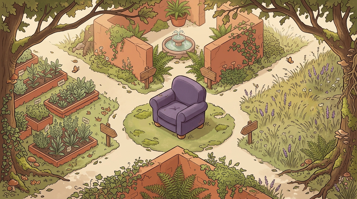 A garden crossroads where three gentle paths diverge