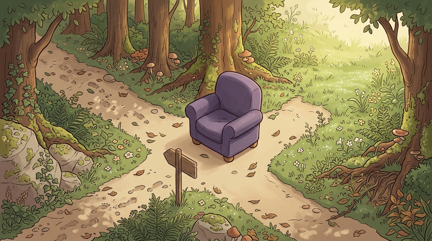 The chair at a fork in a woodland path with two inviting directions