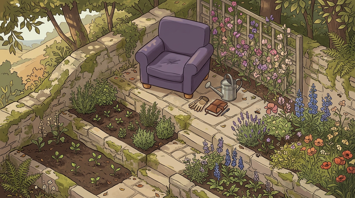 A tended garden plot with the chair overlooking growing plants
