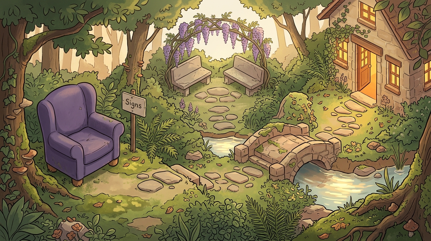 A gentle path through a garden leading to a warm destination