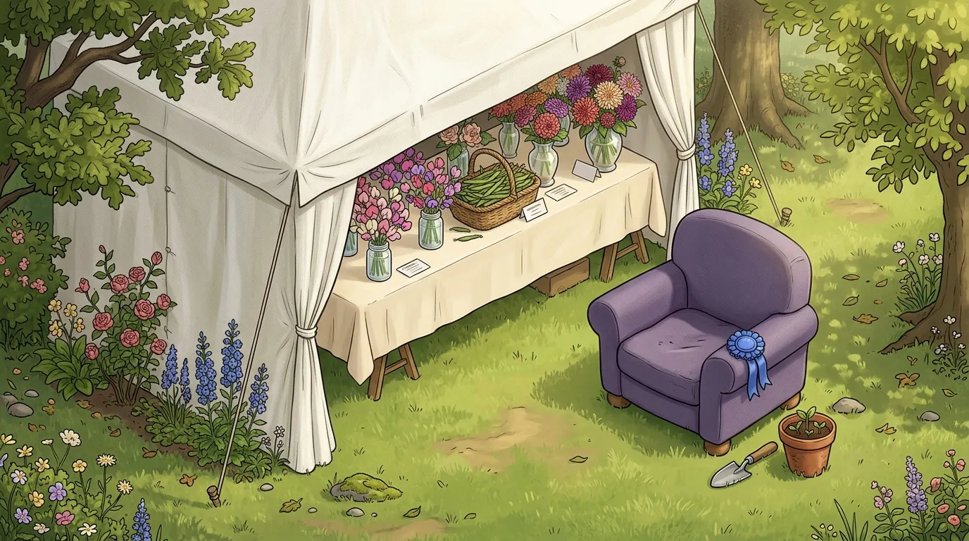 A lavender armchair set just outside a garden show marquee, a prize rosette resting on its arm
