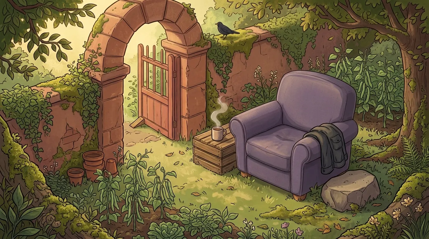 The same gate propped with a wooden wedge, the stone set down on the grass beside the chair