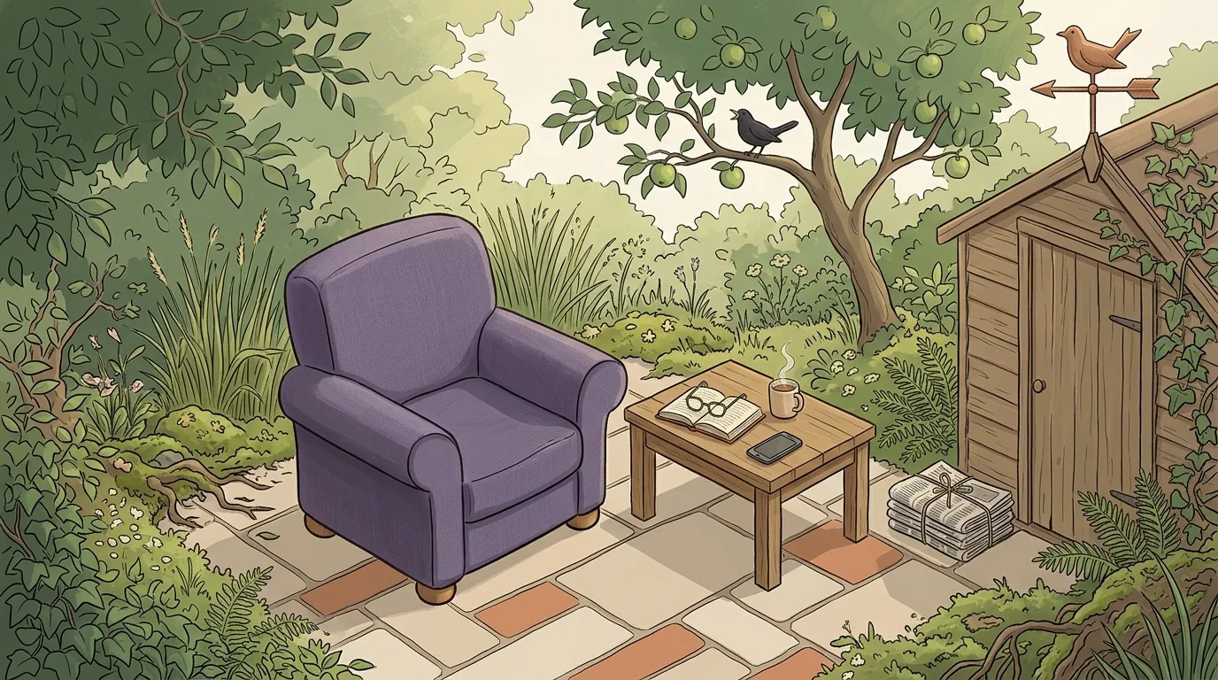 The lavender armchair in calm morning light, the newspapers tied in a bundle by the door and one open book on the table