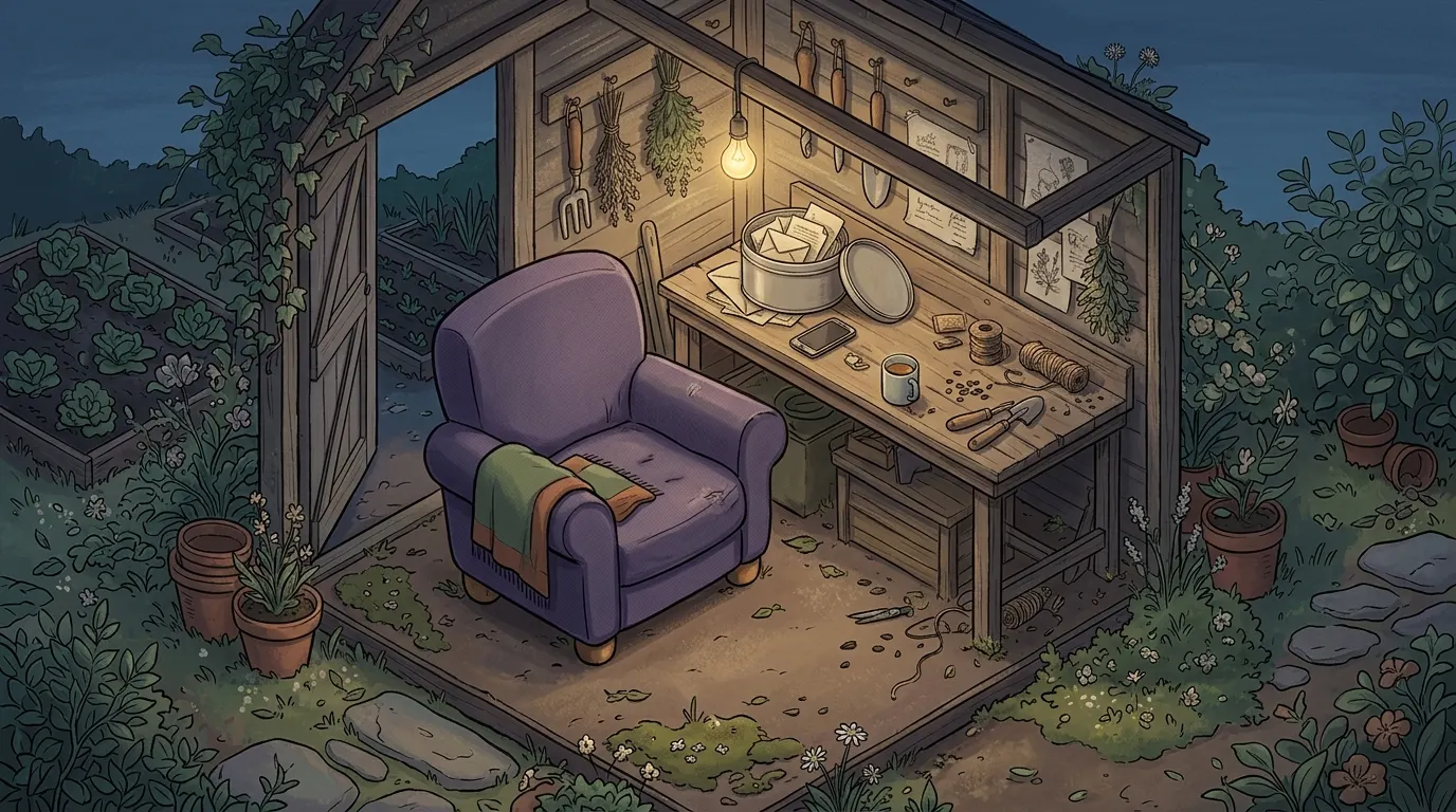 A lavender armchair inside an allotment shed at dusk, a tin of papers on the workbench beside it