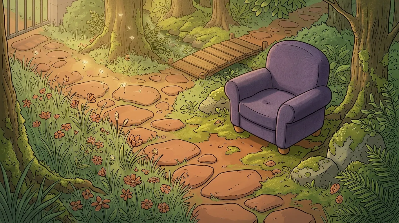 A lavender armchair beside a winding stone path through flowers, with a small wooden footbridge further along