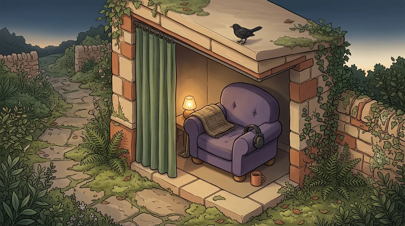 A dim garden shelter at dusk with a chair, a blanket and one lamp, and the path outside left alone