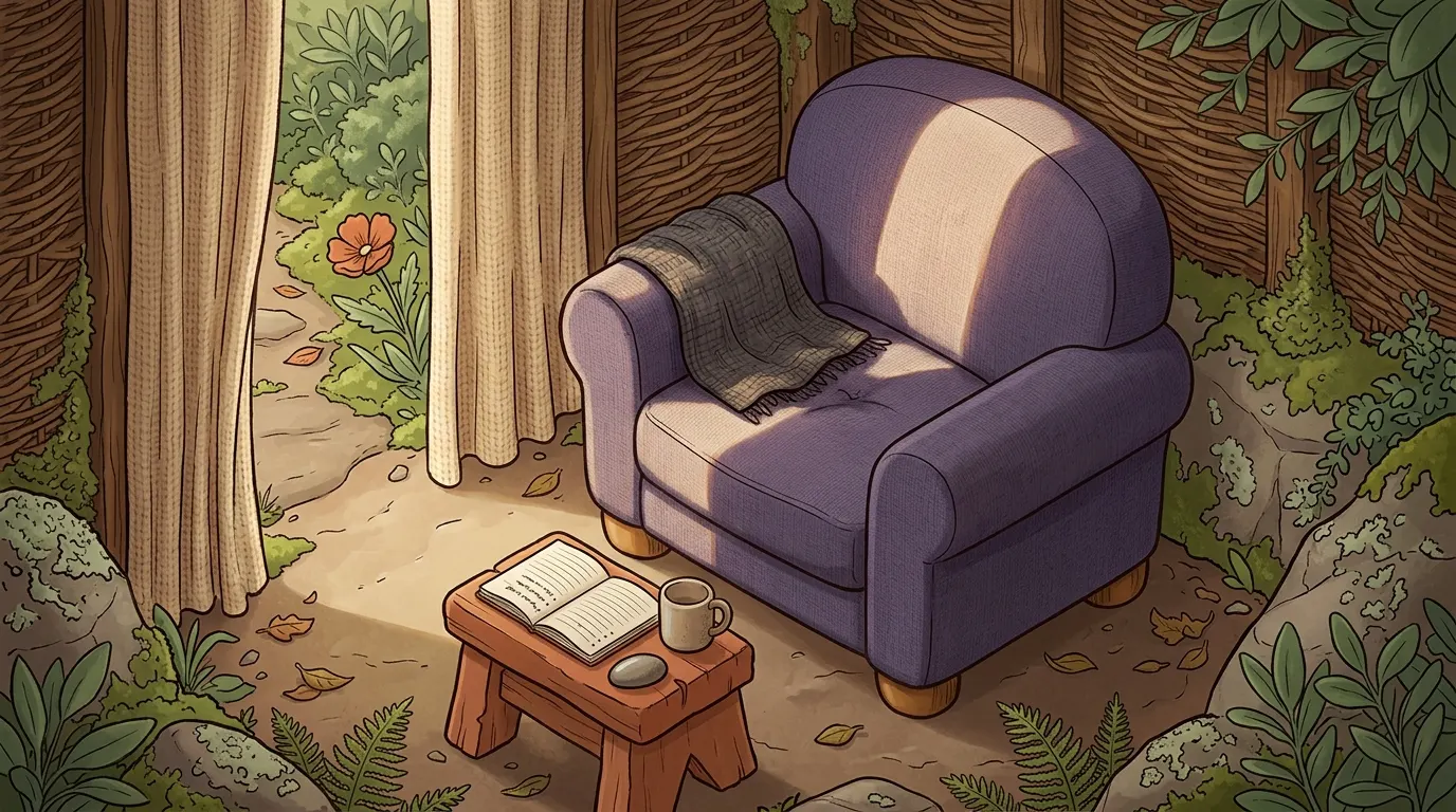 Inside the shelter, a lavender armchair with a grey blanket and a stool with an open book and a mug