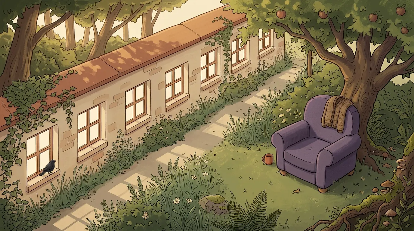 A garden path passing a row of identical office windows, ending at a chair under a tree
